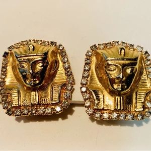 Vintage King Tut Gold Tone with Rhinestone clip on earrings